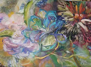 Anna Borcz, FREESIAS ET ASTERS, Peinture à l'huile - toile, 70 x 50