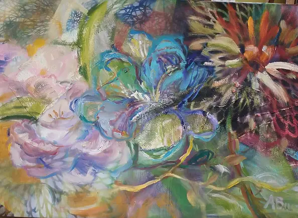Anna Borcz, FREESIAS ET ASTERS, Peinture à l'huile - toile, 70 x 50