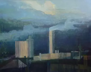   - Factory | Oil on the plate | 100 × 80 cm | Steel-gray metal frame