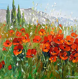 Olha Darchuk, Field of poppies near the mountains, Obraz olejny - płótno, 50 x 40