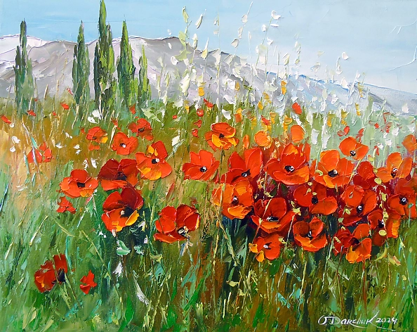 Olha Darchuk - Field of poppies near the mountains