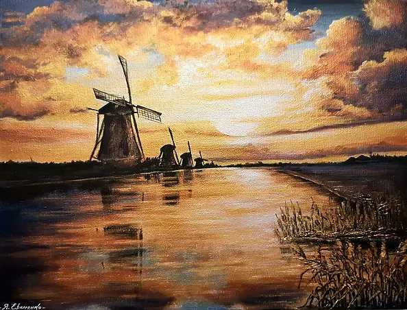 Yana Yeremenko - "Fiery Sunset", dutch landscape with windmills,acrilic,metallic