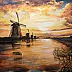 Yana Yeremenko - "Fiery Sunset", paysage hollandais avec moulins à vent,acrylique,métallique
