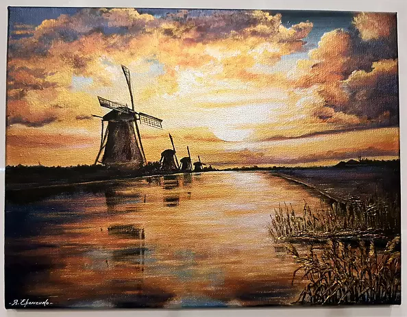 Yana Yeremenko - "Fiery Sunset", dutch landscape with windmills,acrilic,metallic