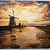 Yana Yeremenko - "Fiery Sunset", dutch landscape with windmills,acrilic,metallic