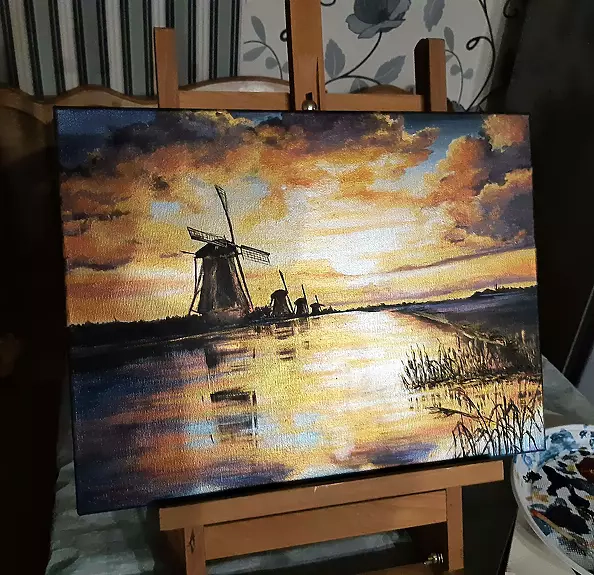 Yana Yeremenko - "Fiery Sunset", dutch landscape with windmills,acrilic,metallic