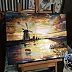 Yana Yeremenko - "Fiery Sunset", dutch landscape with windmills,acrilic,metallic