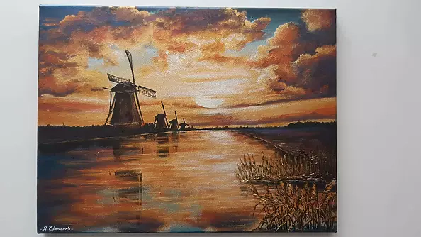 Yana Yeremenko - "Fiery Sunset", dutch landscape with windmills,acrilic,metallic
