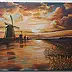 Yana Yeremenko - "Fiery Sunset", paysage hollandais avec moulins à vent,acrylique,métallique