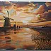 Yana Yeremenko - "Fiery Sunset", dutch landscape with windmills,acrilic,metallic