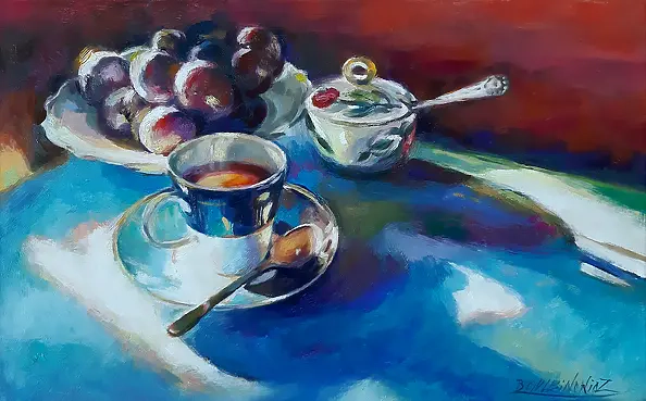 Barbara Gulbinowicz - A cup of coffee, a sugar bowl and plums