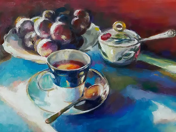 Barbara Gulbinowicz - A cup of coffee, a sugar bowl and plums