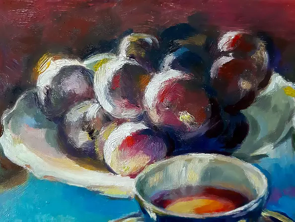 Barbara Gulbinowicz - A cup of coffee, a sugar bowl and plums
