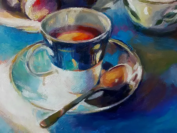 Barbara Gulbinowicz - A cup of coffee, a sugar bowl and plums