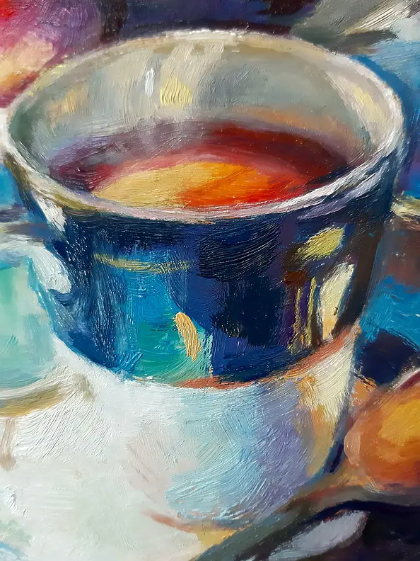Barbara Gulbinowicz - A cup of coffee, a sugar bowl and plums