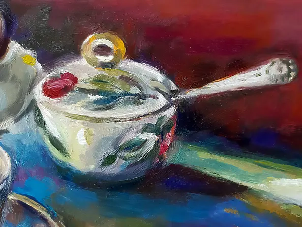 Barbara Gulbinowicz - A cup of coffee, a sugar bowl and plums