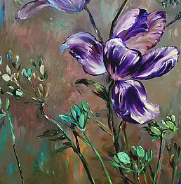 Justyna Szałamacha, фиолетовые тюльпаны, Масляная картина - холст, 100 x 150