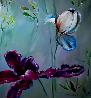   - "Purple and white tulip on gray"