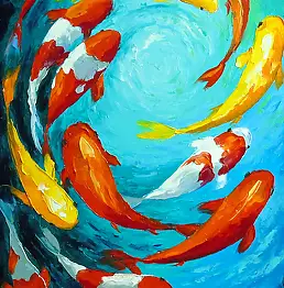 Olha Darchuk, Poissons en harmonie, Peinture à l'huile - toile, 50 x 100