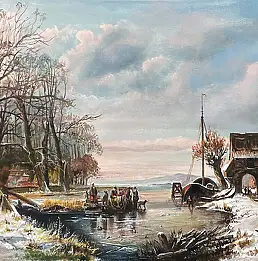 Janusz Kulikowski, «Фламандская зима», Масляная картина - холст, 70 x 30