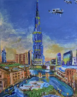 Krystyna Mościszko, Fly Dubai ?, Acrylic painting - canvas, 40 x 50