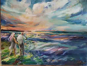 Anna Borcz, Photographe et fille au bord de la mer, Peinture à l'huile - toile, 80 x 60