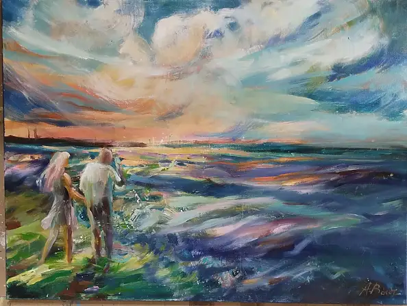 Anna Borcz, Photographe et fille au bord de la mer, Peinture à l'huile - toile, 80 x 60