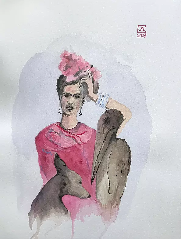 Artur Cieślar - Frida with a marabou and a naked dog