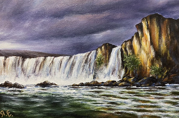 Yana Yeremenko - GODAFOSS WATERFALL acrylic painting landscape with waterfall