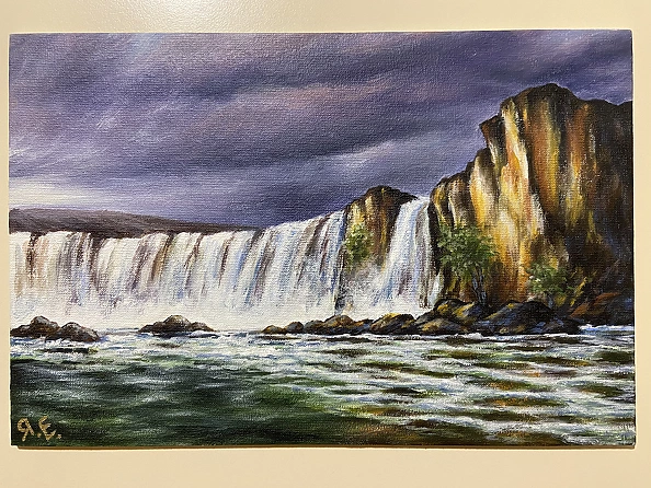 Yana Yeremenko - GODAFOSS WATERFALL acrylic painting landscape with waterfall