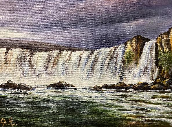 Yana Yeremenko - GODAFOSS WATERFALL acrylic painting landscape with waterfall