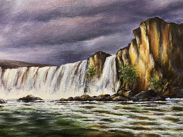 Yana Yeremenko - GODAFOSS WATERFALL acrylic painting landscape with waterfall