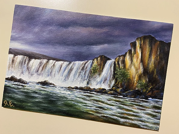 Yana Yeremenko - GODAFOSS WATERFALL acrylic painting landscape with waterfall