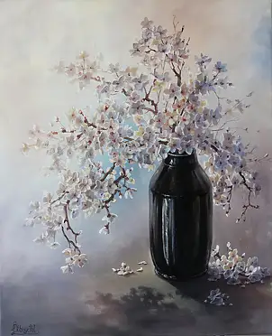 Lidia Olbrycht, Gałązki Kwitnącej Wiśni , Obraz olejny - płótno, 50 x 61