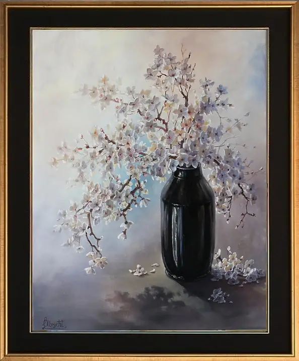 Lidia Olbrycht, Gałązki Kwitnącej Wiśni , Obraz olejny - płótno, 50 x 61