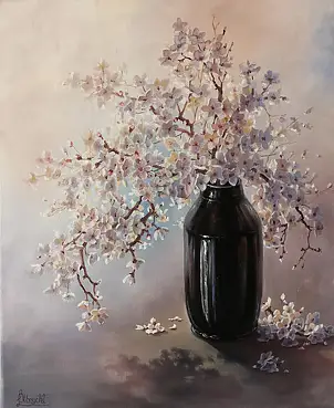 Lidia Olbrycht, Gałązki Kwitnącej Wiśni , Obraz olejny - płótno, 50 x 61