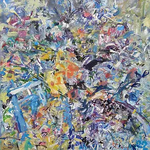 Eryk Maler, Tisch im Garten, Ölbild - Leinwand, 100 x 100