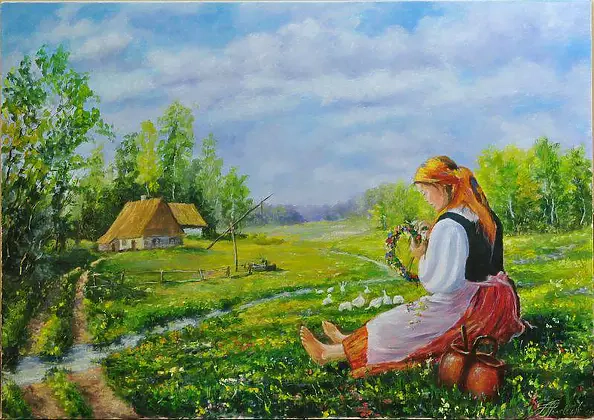 Piotr Pawelczyk - Gęsiarka wijąca wianek z kwiatów.