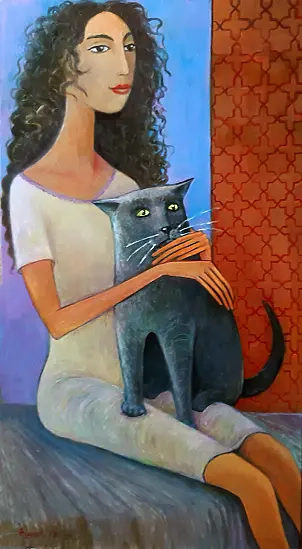 ZAKIR AHMEDOV - Girl with a cat 2025year 90X50cm Original painting Oil on canvas