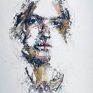 Anna Wojtacha, Depth in the gaze, Decoupage, Gouache, Collage, Acrylic painting, Mixed media - paper, canvas, 40 x 40