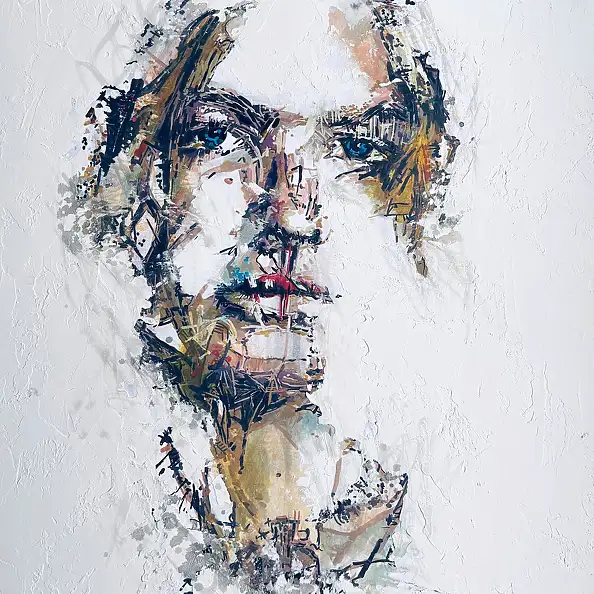 Anna Wojtacha, Depth in the gaze, Decoupage, Gouache, Collage, Acrylic painting, Mixed media - paper, canvas, 40 x 40