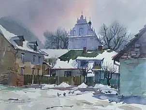 Krzysztof Michalski, Pigeons sur la petite place du marché de Kazimierz Dolny, Aquarelles - papier, 49 x 37