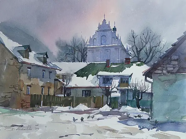 Krzysztof Michalski, Pigeons sur la petite place du marché de Kazimierz Dolny, Aquarelles - papier, 49 x 37