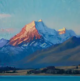 Wojciech Pater, Góra Cooka z Jeziora Pukaki na Szlaku Te Araroa, Obraz olejny - płótno, 40 x 50