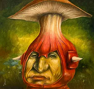 Jacek Lauda, raccoglitore di funghi, Quadro a olio - pannello, tela, 25 x 25