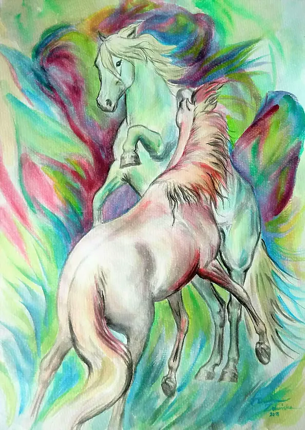 ART DOROTHEAH - HORSES - BLOOMING FLAMES - painting, painted horses