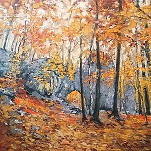 Jolanta Madej, Harmony of rocks and trees, Oil painting - canvas, 80 x 80