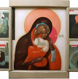 Greta Maria Leśko, ICON ДЕВЫ МАРИИ в Елеусы типа с иконами Святой Троицы, Благовещения, Крещения Господня и Пятидесятницы,  - холст, дошка, 142 x 100