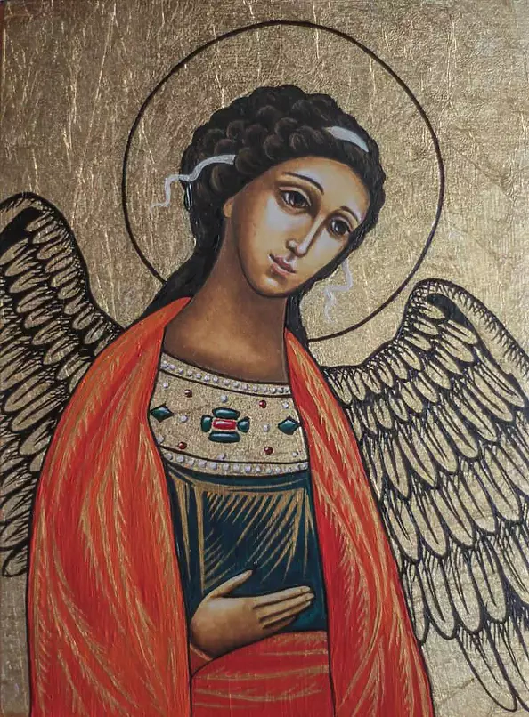 Anna Kloza Rozwadowska - Angel icon in an orange robes and a wedding gift