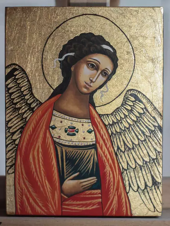 Anna Kloza Rozwadowska - Angel icon in an orange robes and a wedding gift